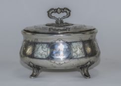 German Early 20th Century Silver Hinge Lidded and Footed Jar with Ornate Topped Cast Handle and