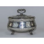 German Early 20th Century Silver Hinge Lidded and Footed Jar with Ornate Topped Cast Handle and