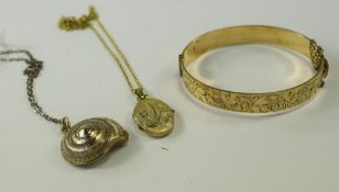 9ct Rolled Gold Hinged Bangle Together With A 14ct Rolled Gold Locket With Chain + A Sea Shell