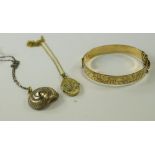 9ct Rolled Gold Hinged Bangle Together With A 14ct Rolled Gold Locket With Chain + A Sea Shell