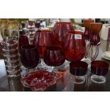 Collection Of Ruby Red Glass Ware. Including Vases, Drinking Glasses, Ashtray, etc. Various Shapes