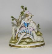 Sitzendorf Hand Painted Group Figure ' Shepherdess with 3 Lambs on a Rocky Crag.