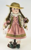 Limited Edition Zasan Bisque Headed Doll On Stand Plaited Brown Hair,