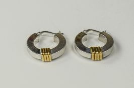 Pair Of 9ct White Gold Hoop Earrings, With Yellow Gold Central Bands. Fully Hallmarked. Weight 4.
