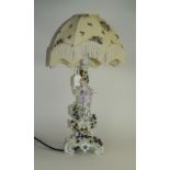 Dresden Style Table Lamp, With Fringed Cream Shade. Height 25 Inches.