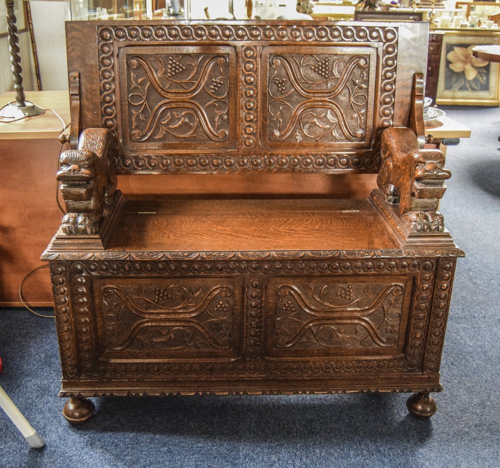 19thC Oak Carved Monks Bench Profusely Carved Throughout, Panelled Front, Sides And Top, Stylised