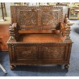 19thC Oak Carved Monks Bench Profusely Carved Throughout, Panelled Front, Sides And Top, Stylised