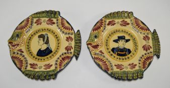 Quimper Pair of Fine Henriot Fish Shaped Breton Plates. Features a Breton Man and Woman. c.1930's.