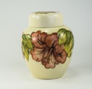 W. Moorcroft Lidded Ginger Jar ' Coral Hibiscus ' Design and Leaves on Cream Ground. Monogrammed W.