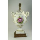 Royal Worcester Hand Painted and Signed Twin Handle Urn Shaped Lamp Base ' Pink Roses ' Signed E.