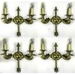 Set Of Four Modern Heavy Cast Brass Wall Lights, All Twin Branch With Cast Swan Terminals,