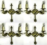 Set Of Four Modern Heavy Cast Brass Wall Lights, All Twin Branch With Cast Swan Terminals,