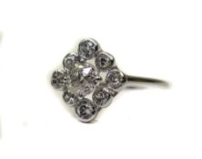 18ct White Gold Diamond Cluster Ring Central Old Cut Diamond Surrounded By 8 Round Cut Millegrain