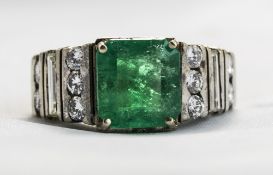 18ct White Gold Set Emerald And Diamond Ring.