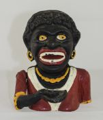 Antique - Hand Painted Heavy Mechanical Cast Iron Money Box, In The Form of a Jolly Black Lady.