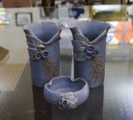 Three Pastel Blue Studio Ware Items. Comprising Two Vases And Ashtray. Raised Floral Decoration.