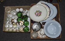 2 Boxes Of Miscellaneous Comprising Glass, Some Coloured, White Metal Goblet, Novelty Teapot,