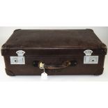 Vintage Brown Leather Suitcase. Stamped K.G.W. Height 13.5 inches, Width 21.5 inches, Depth 7.