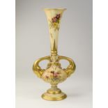 Royal Worcester Hand Painted Blush Ivory Fish Twin Handle Bud Vase with Floral Decoration.