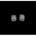 18ct White Gold Diamond Cluster Earrings Central Princess Cut Diamonds Surrounded By Tapered