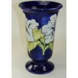 Moorcroft Tube lined Large Trumpet Shaped Vase ' Blue Hibiscus ' on Cobalt Blue Ground. c.1960's.