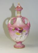 Royal Worcester Hand Painted Blush Pink and Floral Decorated Twin Handle Vase and Cover. Date 1894.