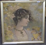 Framed Watercolour On Silk Depicting A Pre Raphaelite Maiden Amongst Leaves, 21.