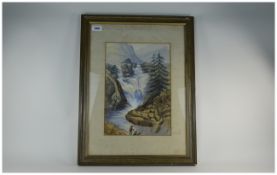 Continental Framed Watercolour, Mountain Landscape With Figure, Unsigned.