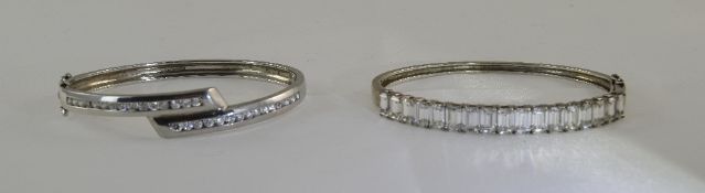 Silver Set Crystal Hinged Bangles of Nice Quality. Fully Hallmarked. 2.5 Inches Diameter.