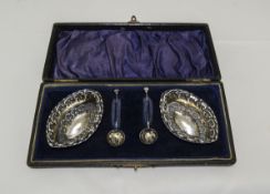 Edwardian Pair of Silver Salts with Spoons. Boxed, Hallmark Birmingham 1899.