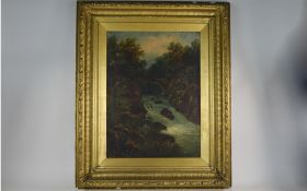 Victorian Framed Oil On Canvas Depicting A Woodland Setting With Stream And Bridge,