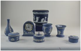 Small Collection Of Wedgwood Jasper Ware Comprising Mantle Clock, Trinket Boxes,