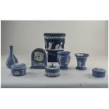 Small Collection Of Wedgwood Jasper Ware Comprising Mantle Clock, Trinket Boxes,