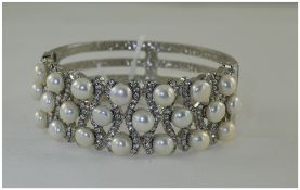 White Cultured Fresh Water Pearl and Clear Austrian Crystal Bangle,