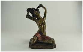 Modern Bronze Figural Sculpture, Cold Painted Semi Clad Maiden,