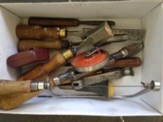 Small Quantity Of Tools To Include 19thC Chisels And Later, Fret Saw, Hand Drill, Etc.