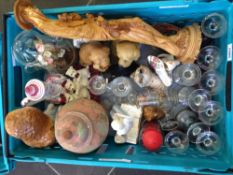 2 Boxes Of Pottery, Glass And Collectables Comprising Animal Sculptures, Figurines, Figural Clock,