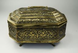 French 19th Century - Hand Made Octagonal Shaped Large and Impressive Lidded Embossed Brass Casket,