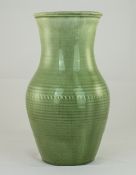 William Moorcroft Natural Pottery Lustre Vase with Green Monochrome Glaze and Showing The