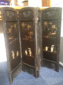 Early To Mid 20thC Four Panelled Folding Firescreen Carved Frame Each inlaid With Mother of Pearl