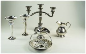 Collection Of Silver Plated Ware Comprising 3 Branch Candelabra, Cream Jug,