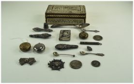 Anglo Indian Hinged Box Containing A Mixed Lot Of Mostly Base Metal Oddments And Collectables,