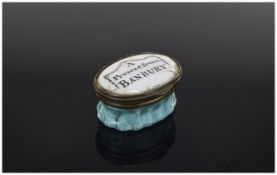 A Bilston Patch Patch Pot Box with Inscribed Lid Saying ' A Present From Banbury ' 1.5 x 3/4 Inches.