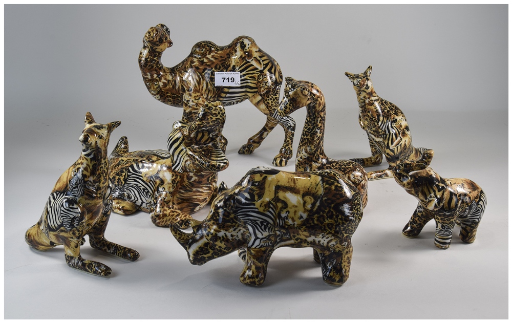 Collection of 7 La Via Ceramic African/Safari Patchwork Animal Figures