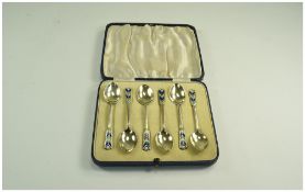 Art Deco - Fine Silver Gilt and Enamel Set of Six Tea Spoons. Hallmark Birmingham 1936.