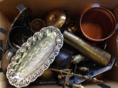 Box Containing A Quantity Of Mixed Metal Ware Comprising Plated Serving Dishes, Brass Candle Holder,