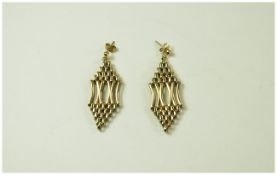 A Ladies - Nicely Designed Pair of 9ct Gold Drop Earrings. Fully Hallmarked. Excellent Condition.