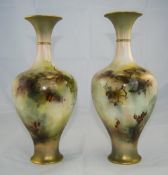 Royal Worcester Pair of Fine Hand Painted Vases 'Peacocks and Peahens in a Woodland Setting',
