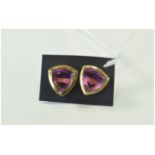 Kunzite Pink Colour Quartz Stud Earrings, each a curved trillion cut solitaire,