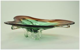 Large Murano Style Coloured Glass Bowl, Of Shaped Triangular Form Raised On Three Feet.